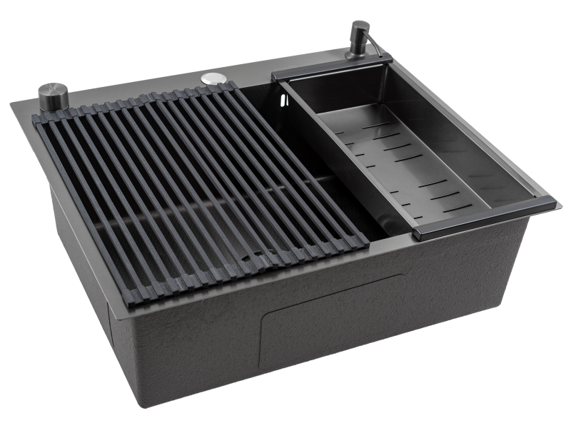 Кухонная мойка Futur FK 5550 Eco Embossing Pop-up Roll plus (9554534) с сифоном, коландером, дозатором и ролл-матом   550х500х200  графит